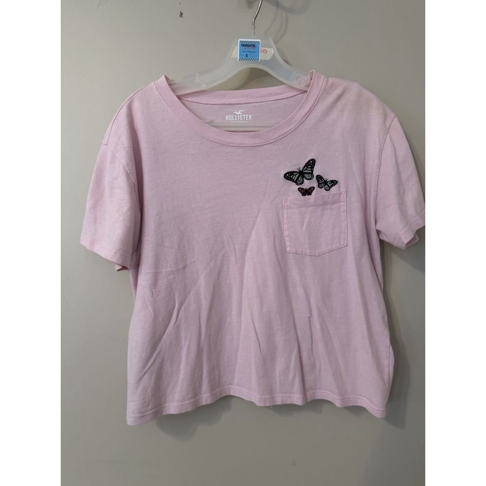 Hollister Pink Cropped T-Shirt Butterfly 100% Cotton Short Sleeve Women's Small